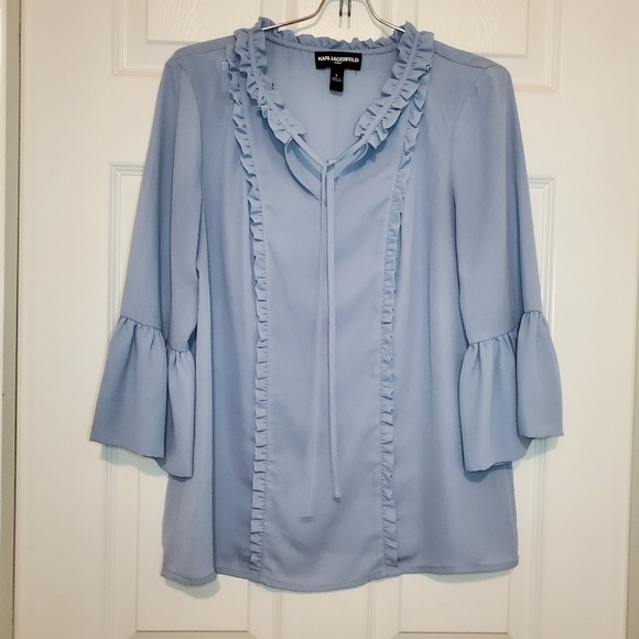 KARL LAGERFELD Ruffle Keyhole Neck Bell Sleeve, size Small, Blue - Picture 1 of 7